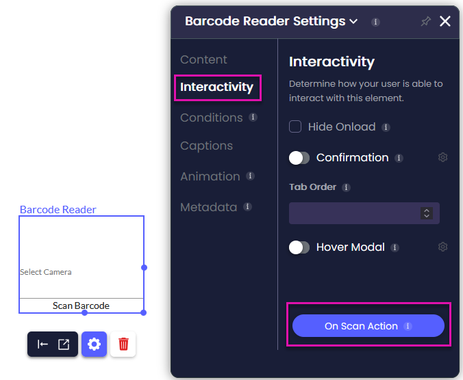 BarcodeReader Settings screen showing the On Scan Action buttonย