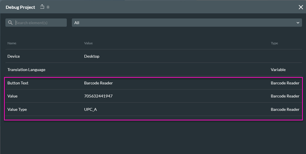 Debug window showing the Barcode Reader value and value type after a barcode scan