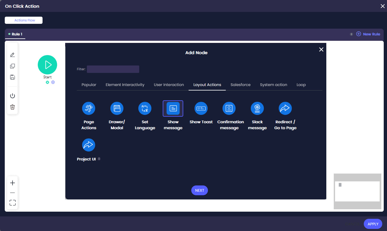 dd Node window with the Layout Actions tab open and the Show Message option selected.