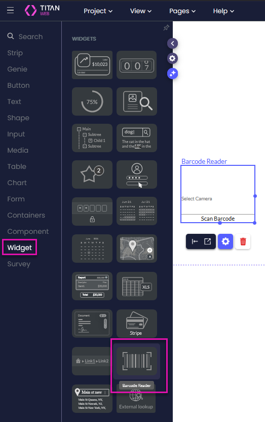 Barcode Reader widget shown on the Titan canvasย