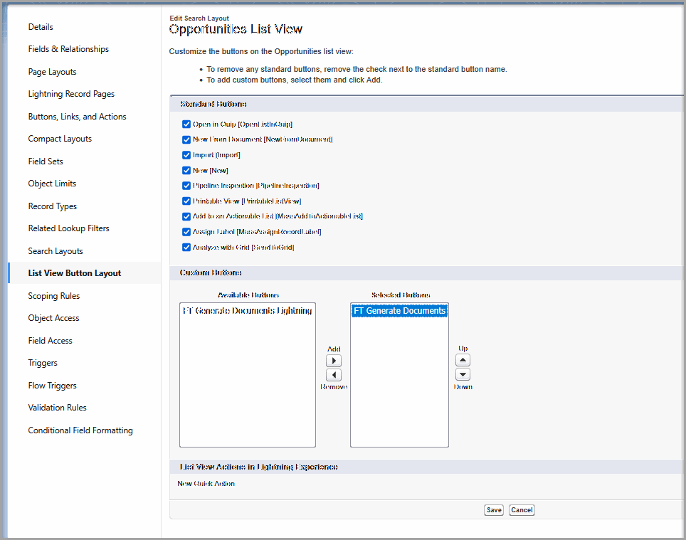 Salesforce List View Button Layout editor showing the button moved from Available Buttons to Selected Buttons.