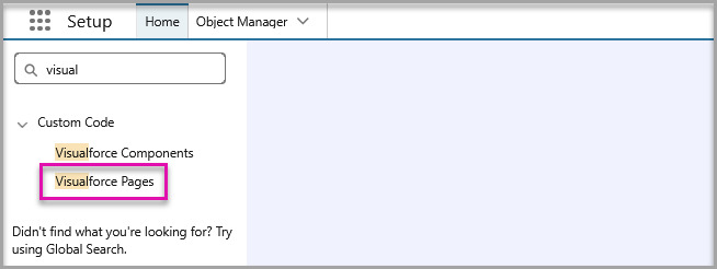 Salesforce Setup search results showing the Visualforce Pages option