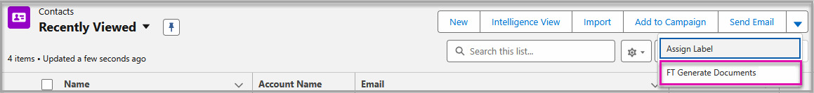 Salesforce list view actions menu showing the FT Doc Gen option.