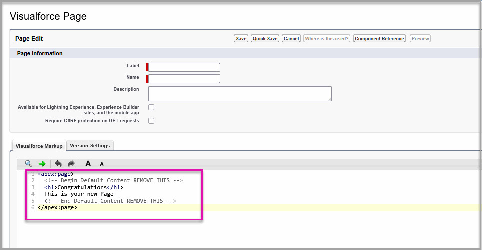 Salesforce Visualforce editor showing the default page markup before replacement.