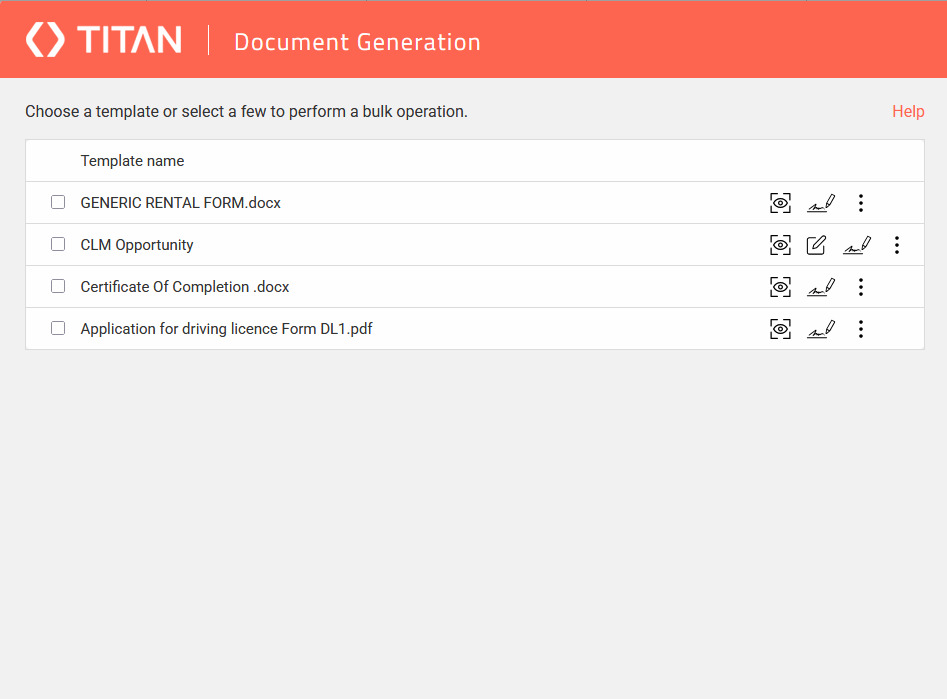 Titan Document Generation modal showing templates available to the connected Salesforce user.