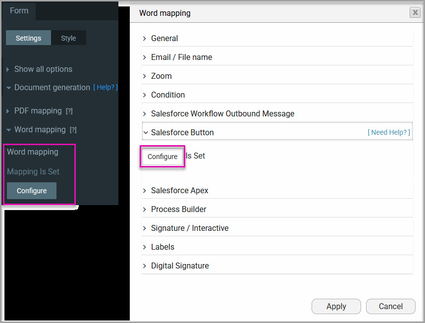 Titan object and record ID mapping screen for Salesforce document generation.