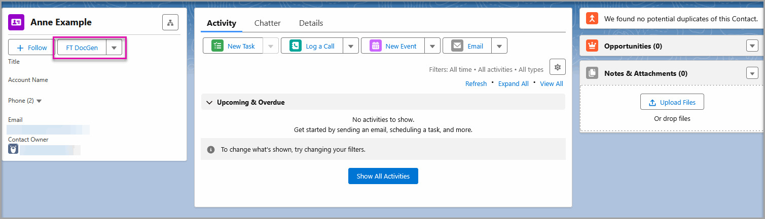 Salesforce record page showing the new FT Doc Gen button.