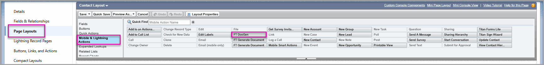 Salesforce page layout editor showing the Mobile & Lightning Actions section.