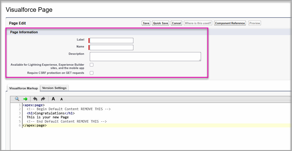 Salesforce Visualforce editor with the Titan document generation code pasted into the markup field.