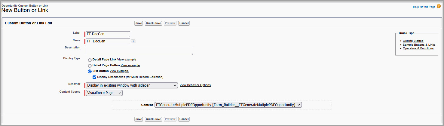 Salesforce New Button or Link screen configured as a List Button using a Visualforce Page.