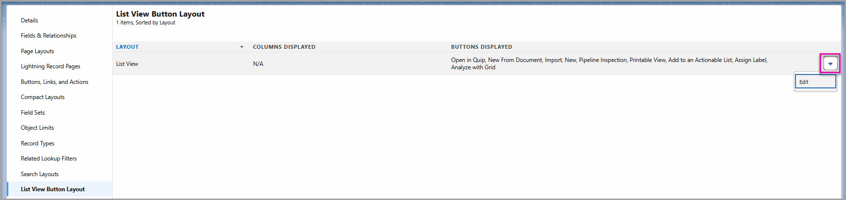 Salesforce object setup showing the List View Button Layout option.