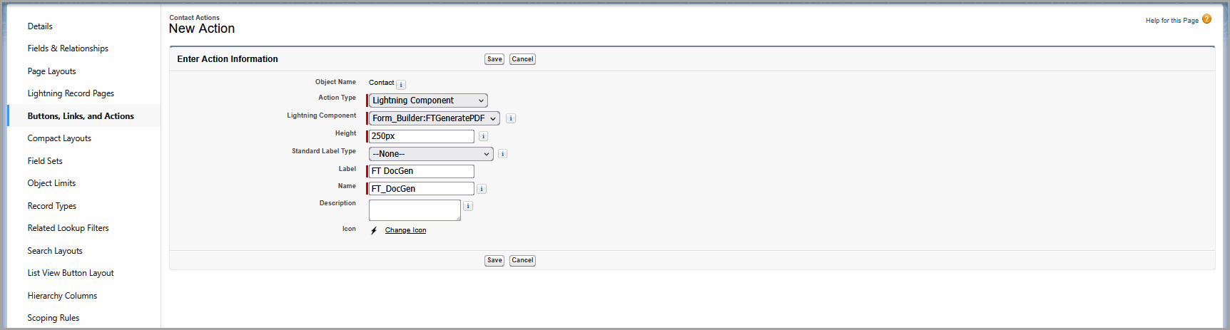 Salesforce New Action screen configured with the Titan FTGeneratePDF Lightning Component.