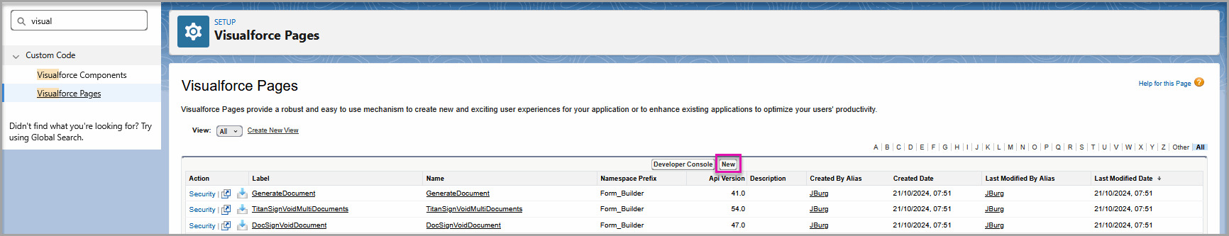Salesforce Visualforce Pages screen with the New button selected.