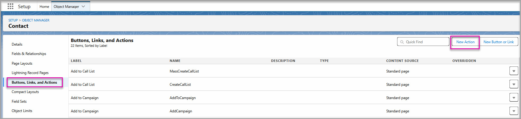 Salesforce Buttons, Links, and Actions page with the New Action button selected.