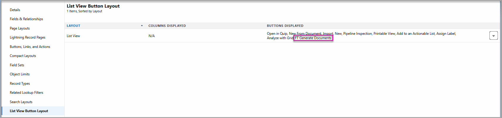 Salesforce list view layout showing the FT Doc Gen button added.