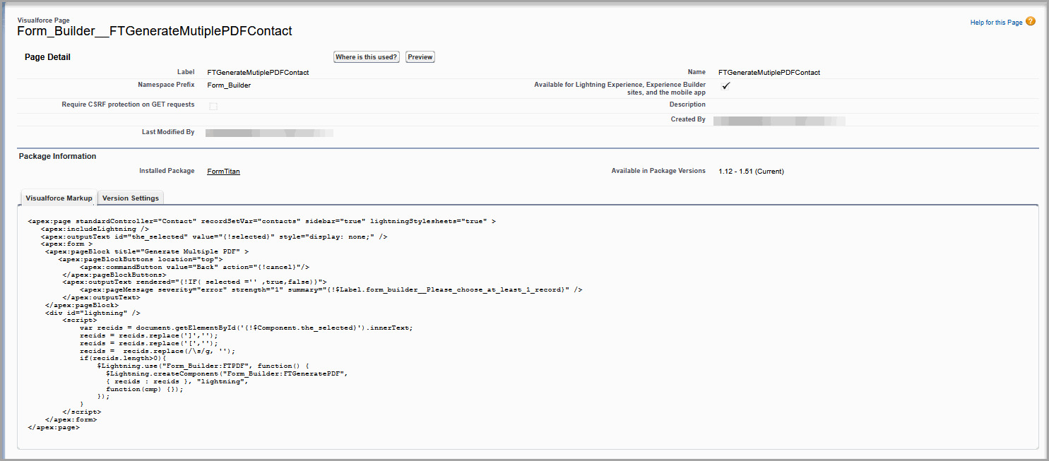 Salesforce Visualforce page detail screen after the page has been saved.
