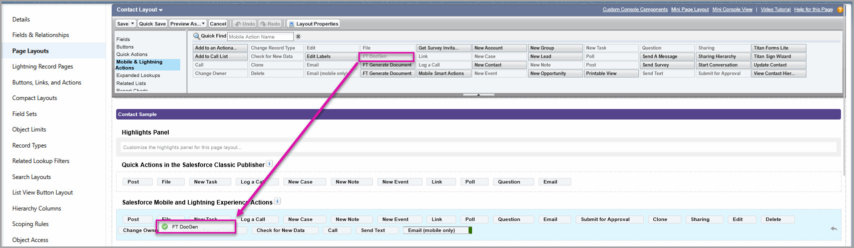 Salesforce page layout with the FT Doc Gen action added to the Salesforce Mobile and Lightning Experience Actions section.