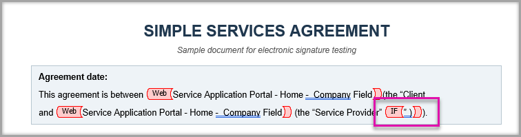 Microsoft Word document showing selected content enclosed by red Titan IF condition brackets.