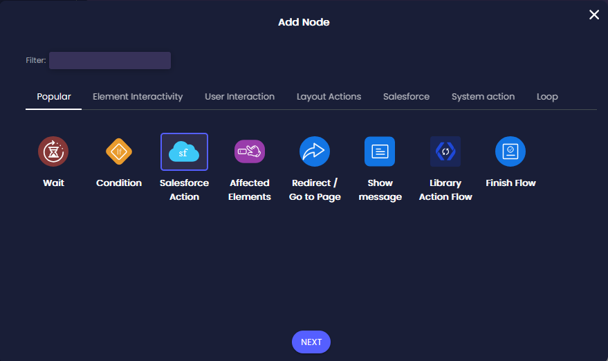 Add Node screen showing available action nodes under the Popular tab. The Salesforce Action node is selected, and the Next button is visible.