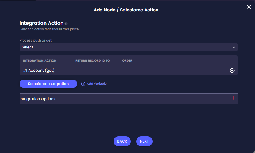 Add Node / Salesforce Action screen showing the Integration Action section. The Account Get Record integration is listed as the selected Salesforce Integration action.