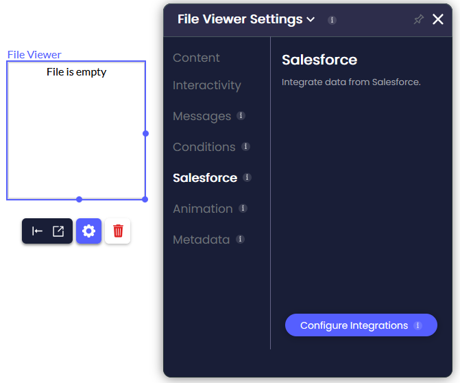 File Viewer element selected on the canvas with the File Viewer Settings panel open on the Salesforce tab. The Configure Integrations button is visible.