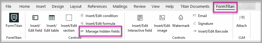 Form Titan toolbar in Microsoft Word with the Manage hidden fields button highlighted.