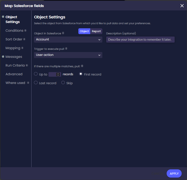 Map Salesforce fields screen open on Object Settings. The Account object is selected, User action is selected as the trigger to execute pull, and First record is selected for multiple matches.