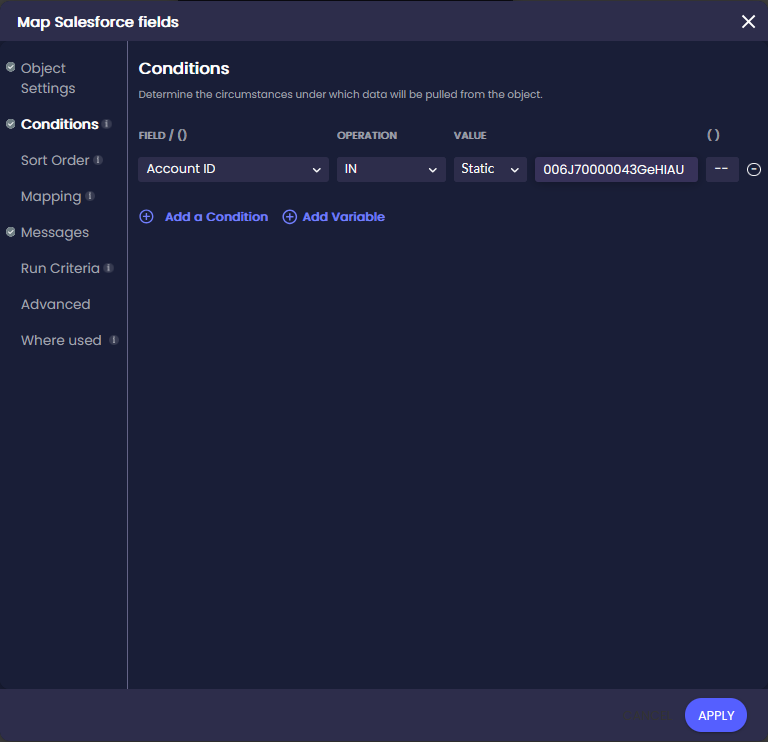 Map Salesforce fields screen open on Conditions. An Account ID field is configured with the IN operation and a static Account ID value to define which record Titan pulls data from.
