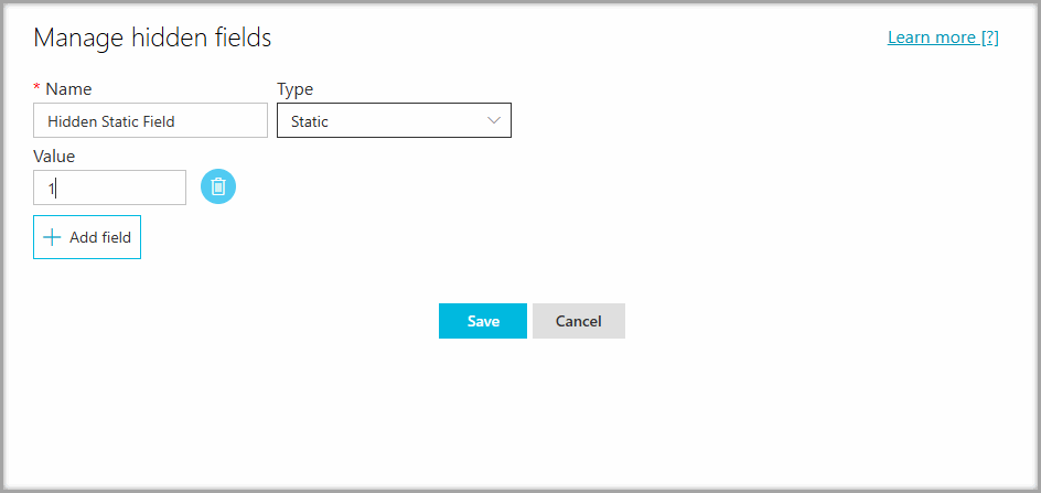Manage hidden fields screen showing the settings for a static hidden field.