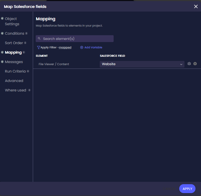 Map Salesforce fields screen open on Mapping. The File Viewer Content element is mapped to the Website Salesforce field, which contains the file URL used by the File Viewer.