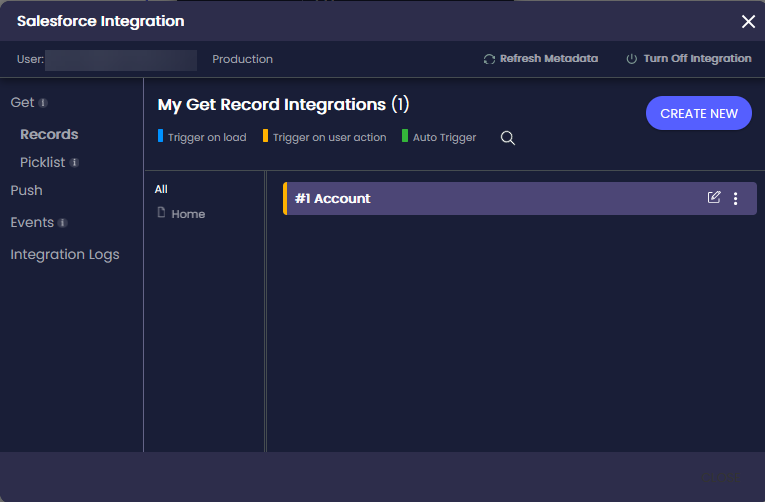 Salesforce Integration screen showing one Get Record integration named Account. The integration is listed under My Get Record Integrations.
