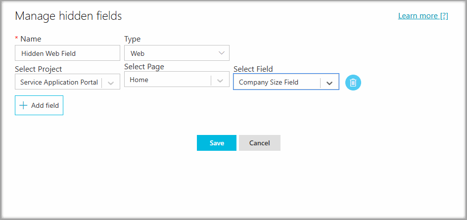 Manage hidden fields screen showing the project, page, and field selections for a Web hidden field