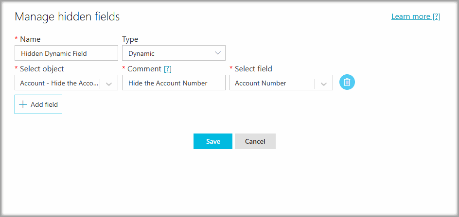 Manage hidden fields screen showing the object, comment, and field settings for a dynamic Salesforce hidden field