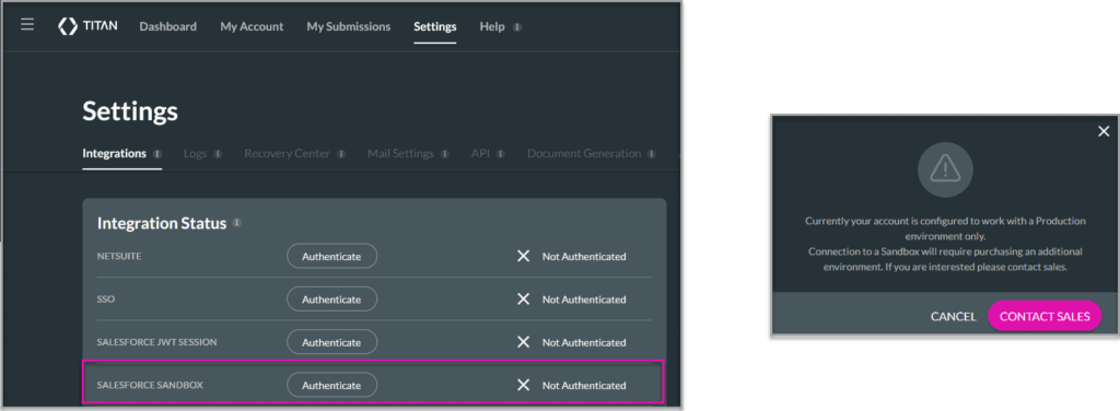 Titan Salesforce Sandbox authentication showing a message that an additional environment is required.