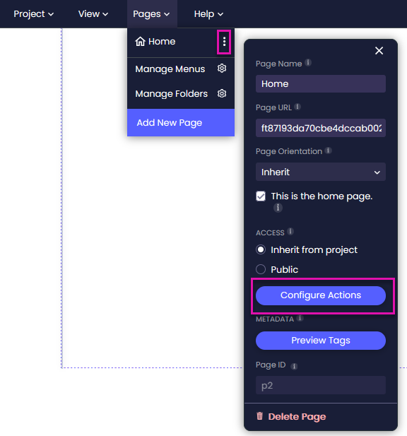 Pages menu open with the Home page selected. The page settings panel shows the Configure Actions button highlighted.