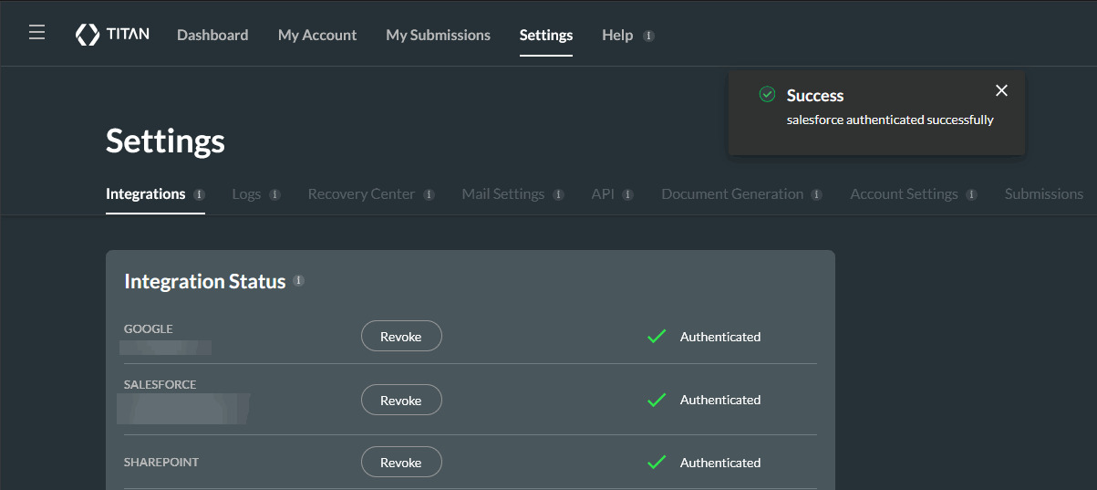 Titan Integration Status screen showing a successful Salesforce authentication notification and an Authenticated status.