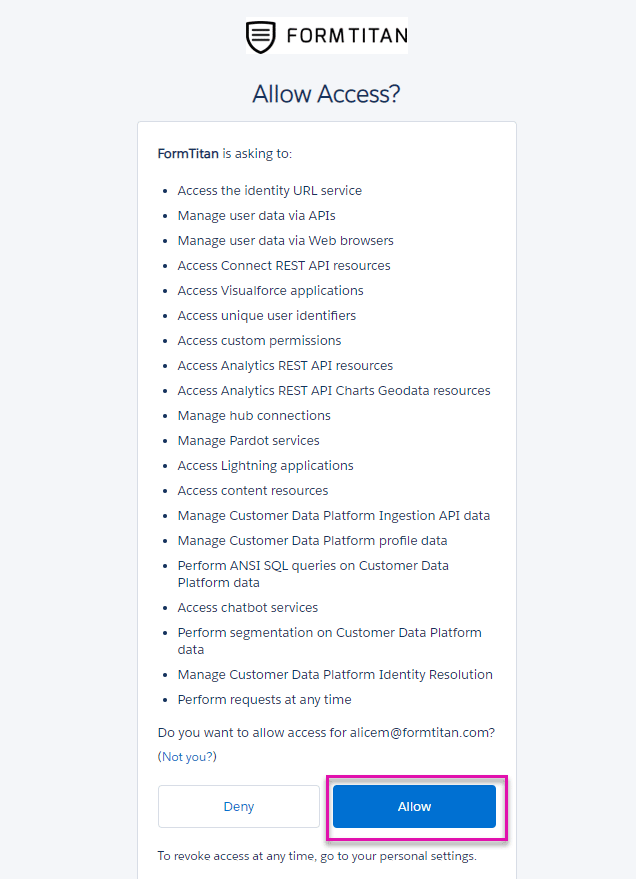 Salesforce authorization page with the Allow button highlighted for the FormTitan connected app.