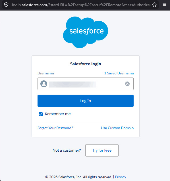 Salesforce login page with the Username field and Log In button.