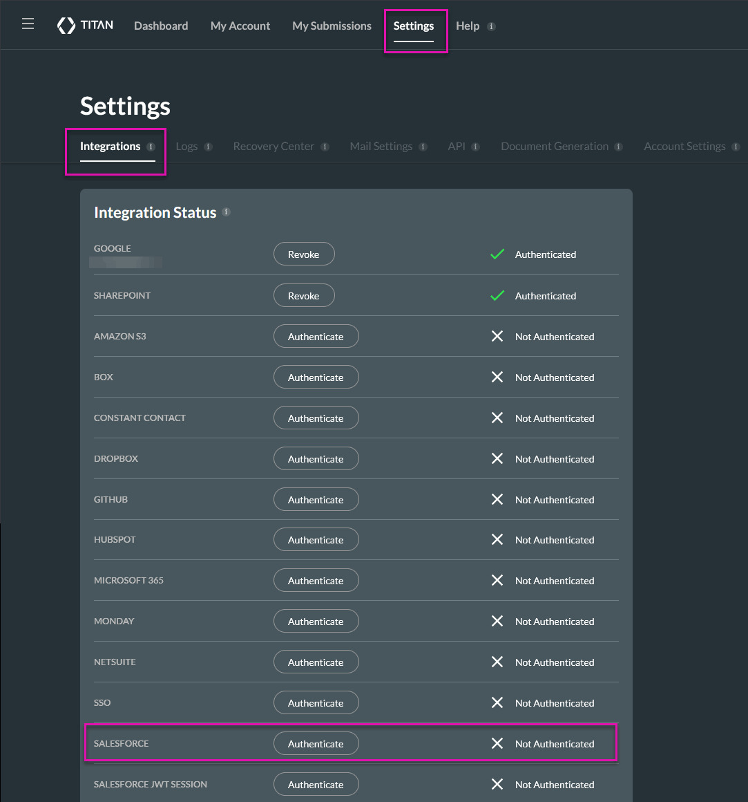 Titan Integration Status screen with the Salesforce integration and Authenticate button highlighted.
