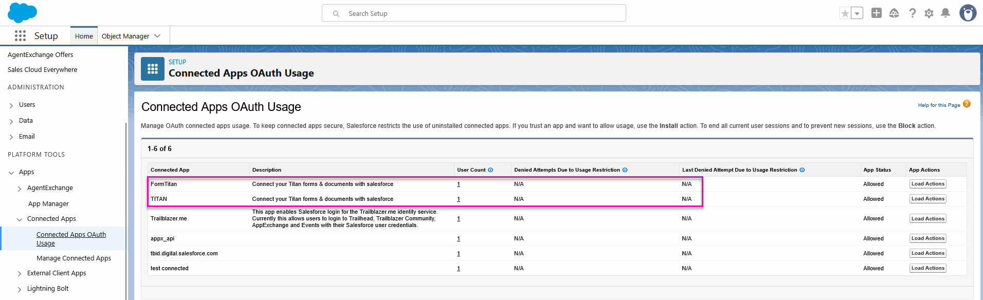 Salesforce Connected Apps OAuth Usage page with the FormTitan and TITAN connected apps highlighted