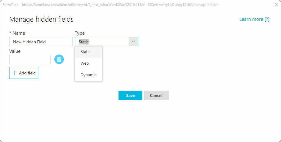 Manage hidden fields screen with the Name field and hidden field type options.