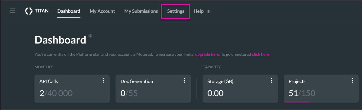 Titan Dashboard with the Settings tab highlighted.