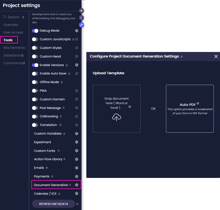 Document Generation settings in Project Settings, showing the Gear icon used to configure document templates.