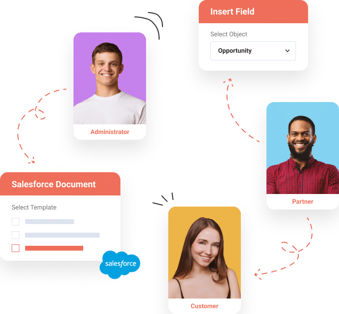 smiling admin, partner and customer with Salesforce documents