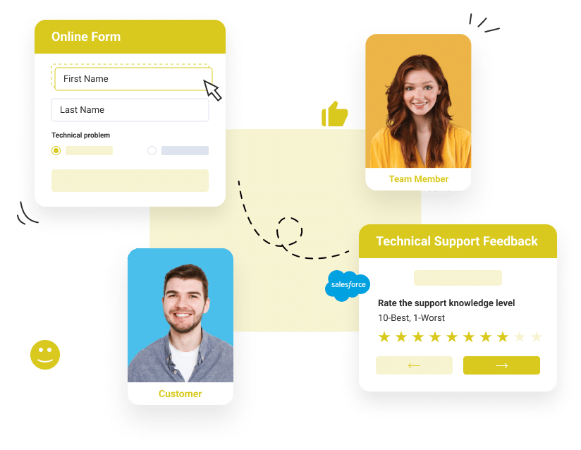 online form connected to technical support feedback with smiling team member and customer