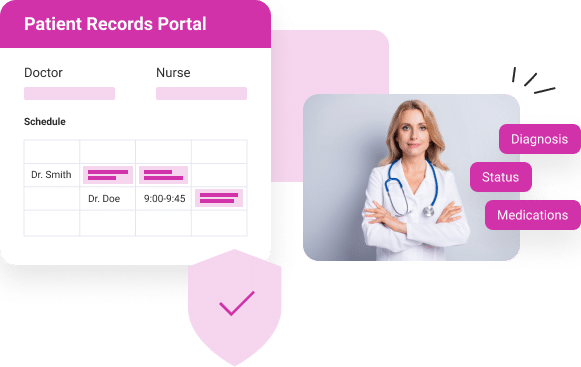 smiling doctor with pink patients records portal