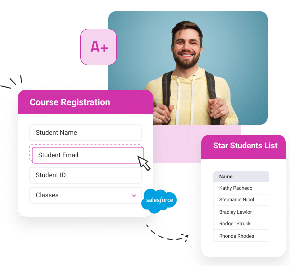 smiling student with course registration and star student list