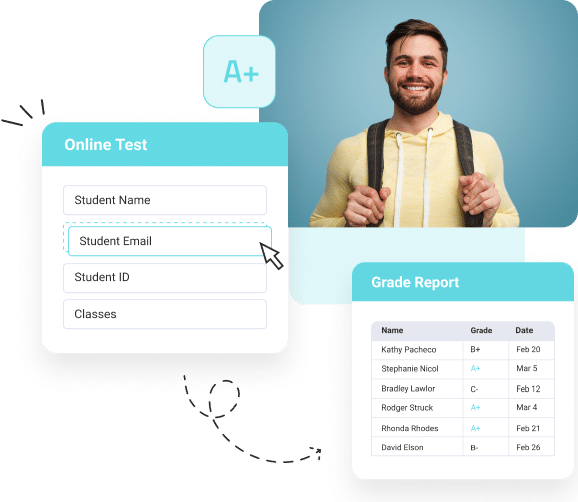 light blue online test and grade report with smiling student