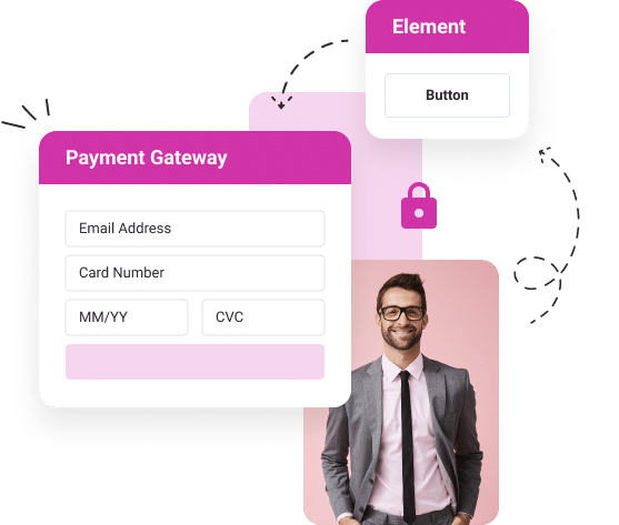 smiling man connected to pink element and payment gateway