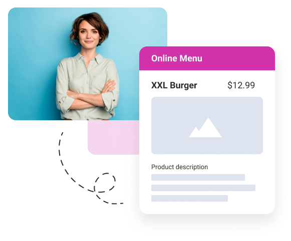 smiling woman connected to online menu